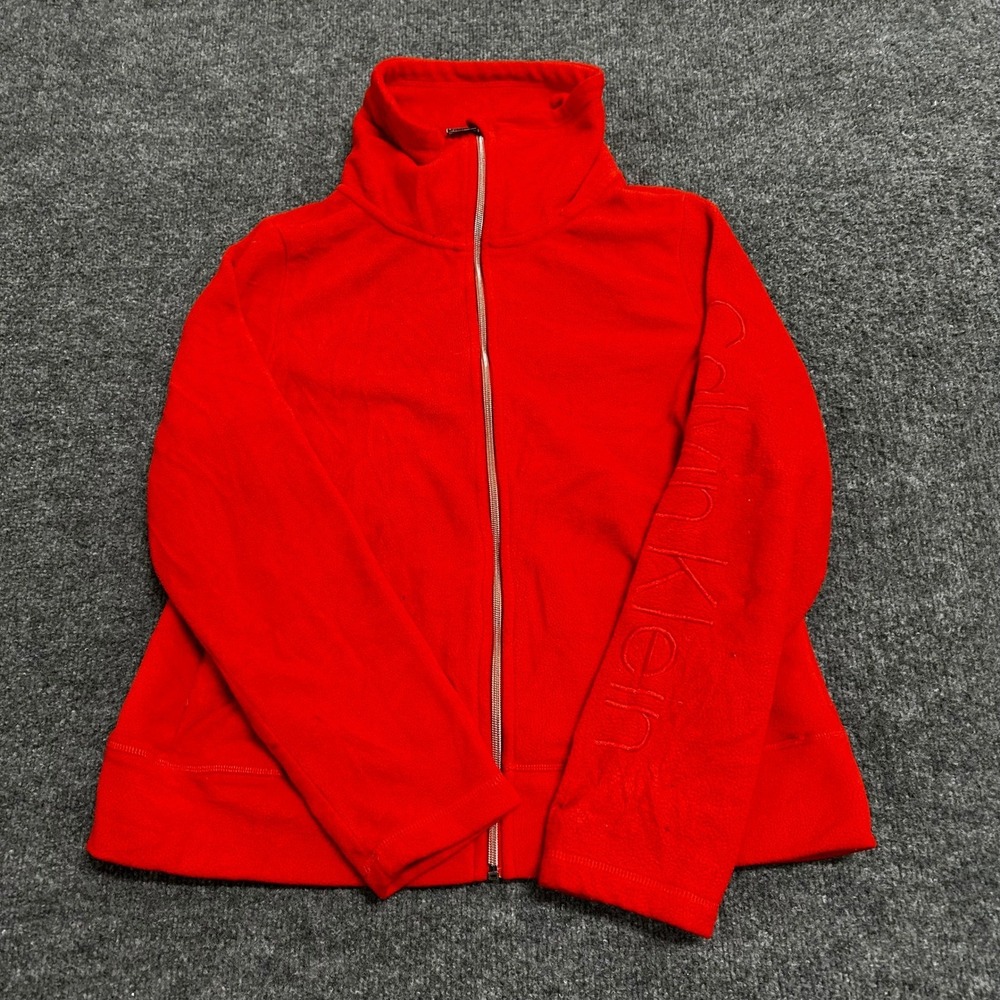 Calvin Klein Fleece Jacket Womens Size M Red Performance Full Zip Mock Neck Logo